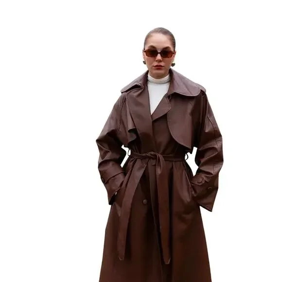 Brown Faux Leather Trench Coat with Belt – Brand New - Picture 4 of 12